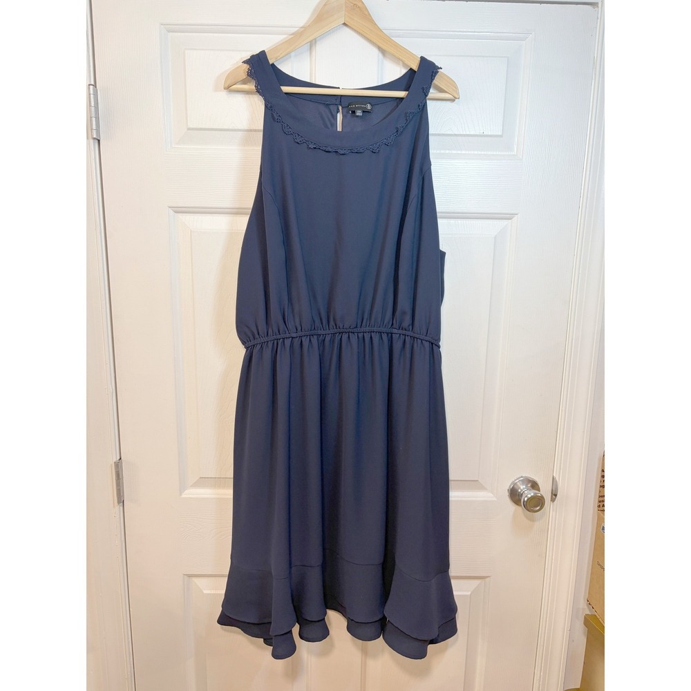 Ryan Wythe Navy Blue Crochet Trim Ruffle Hem Dress Plus 22 Wedding Guest Elegant - Picture 2 of 9